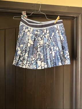 Johnny Was Blue and White Pleated Mosaic Mini Skirt